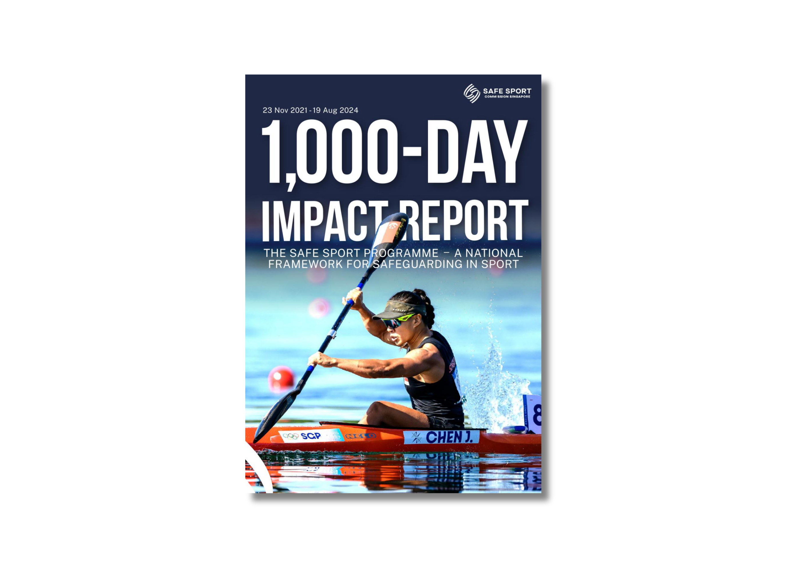 An athlete rowing a canoe on the cover of the safe sport 1,000 day impact report